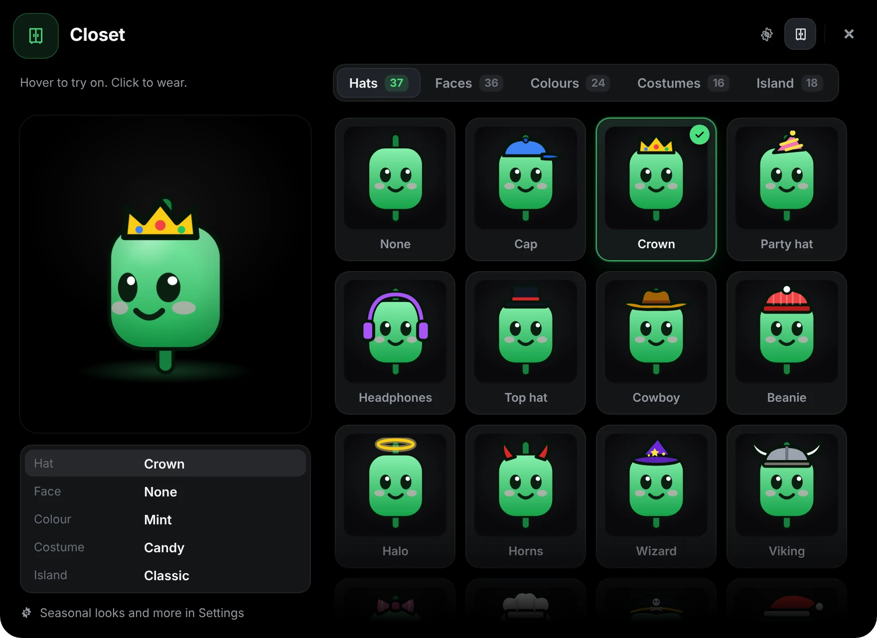 The closet, with Candy wearing a crown