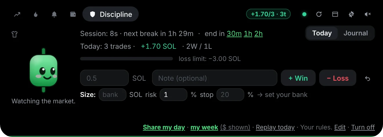 Today's trades, the loss limit and the session timer