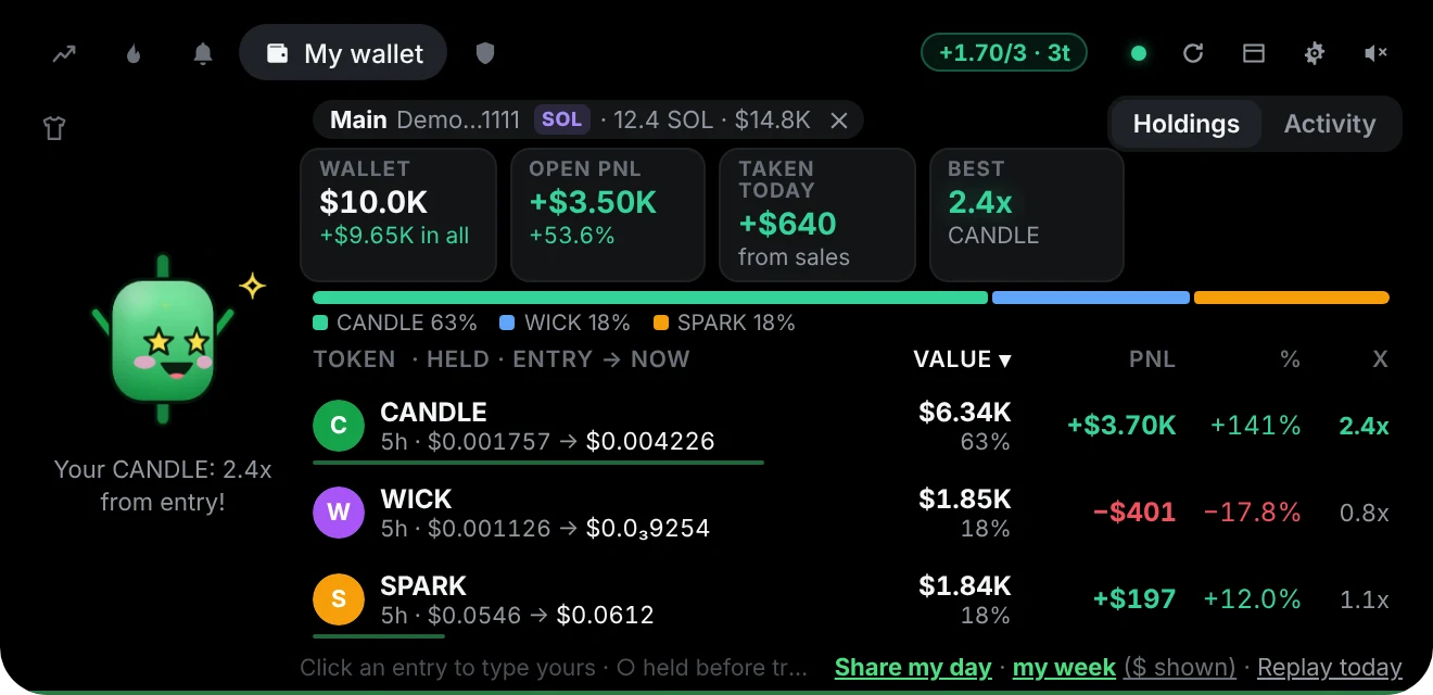 The wallet view with holdings and PnL